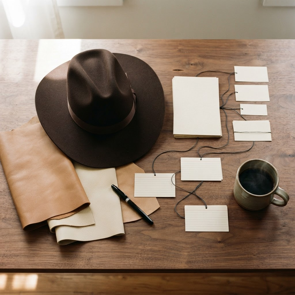 Overhead editorial flat-lay on a warm walnut table: a premium felt cowboy hat, leather swatches, and blank cards arranged like an organizational diagram connected by thread, in cream, chocolate, and copper tones