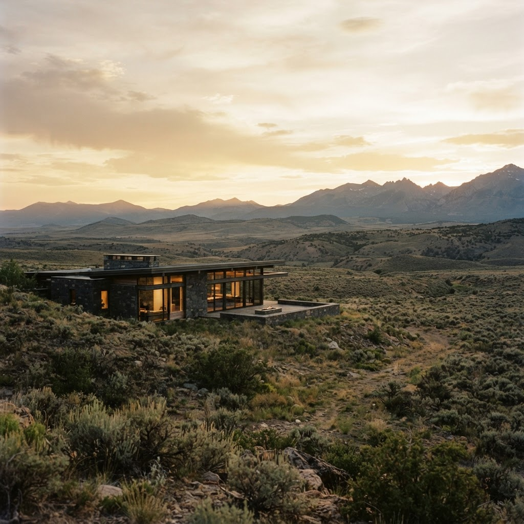 A modern luxury ranch lodge of stone and glass glowing at dusk on a Mountain West hillside, a rugged range catching the last gold light beyond.