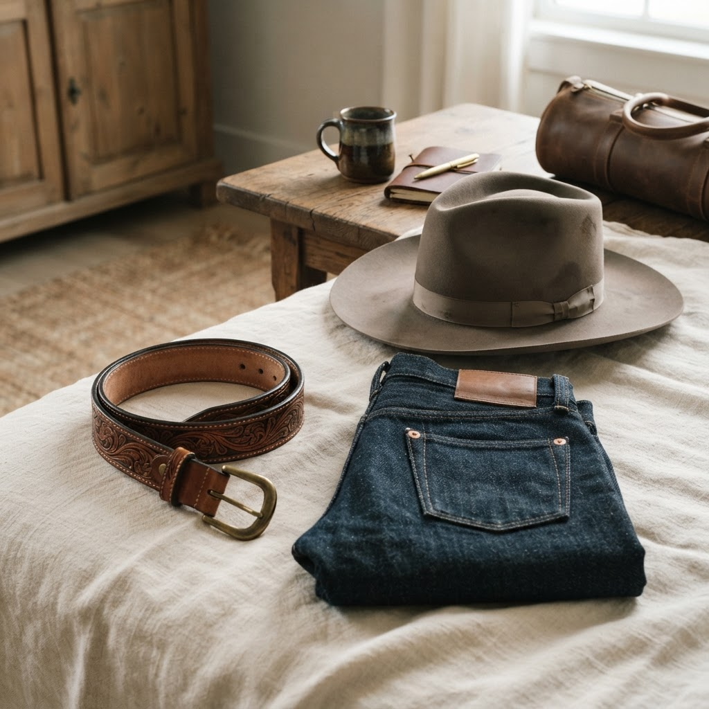Premium Western artisan goods—hand-tooled leather, raw denim, and a felt hat on ivory linen.