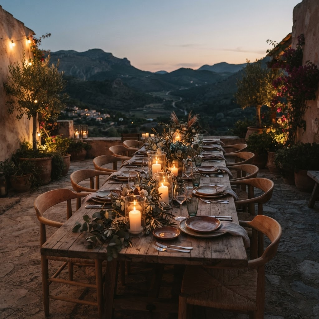 A quiet, set communal table on a stone terrace at dusk overlooking a natural landscape