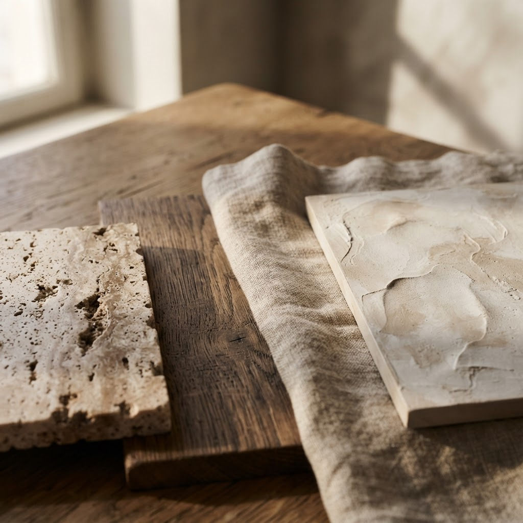 A palette of tactile architectural materials (stone, aged oak, linen and plaster) in warm daylight