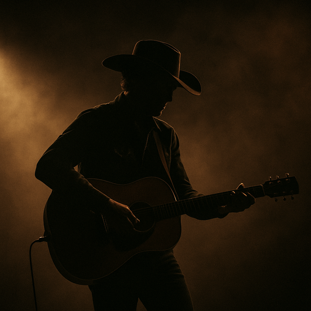 Country artist performing with an acoustic guitar on a dim stage