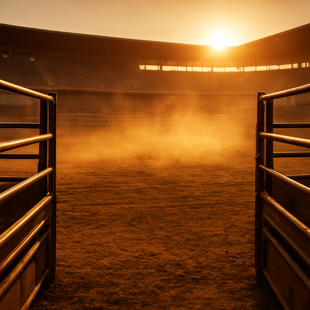 A professional bull riding arena at golden hour viewed from the chutes, warm dust hanging in dramatic backlight
