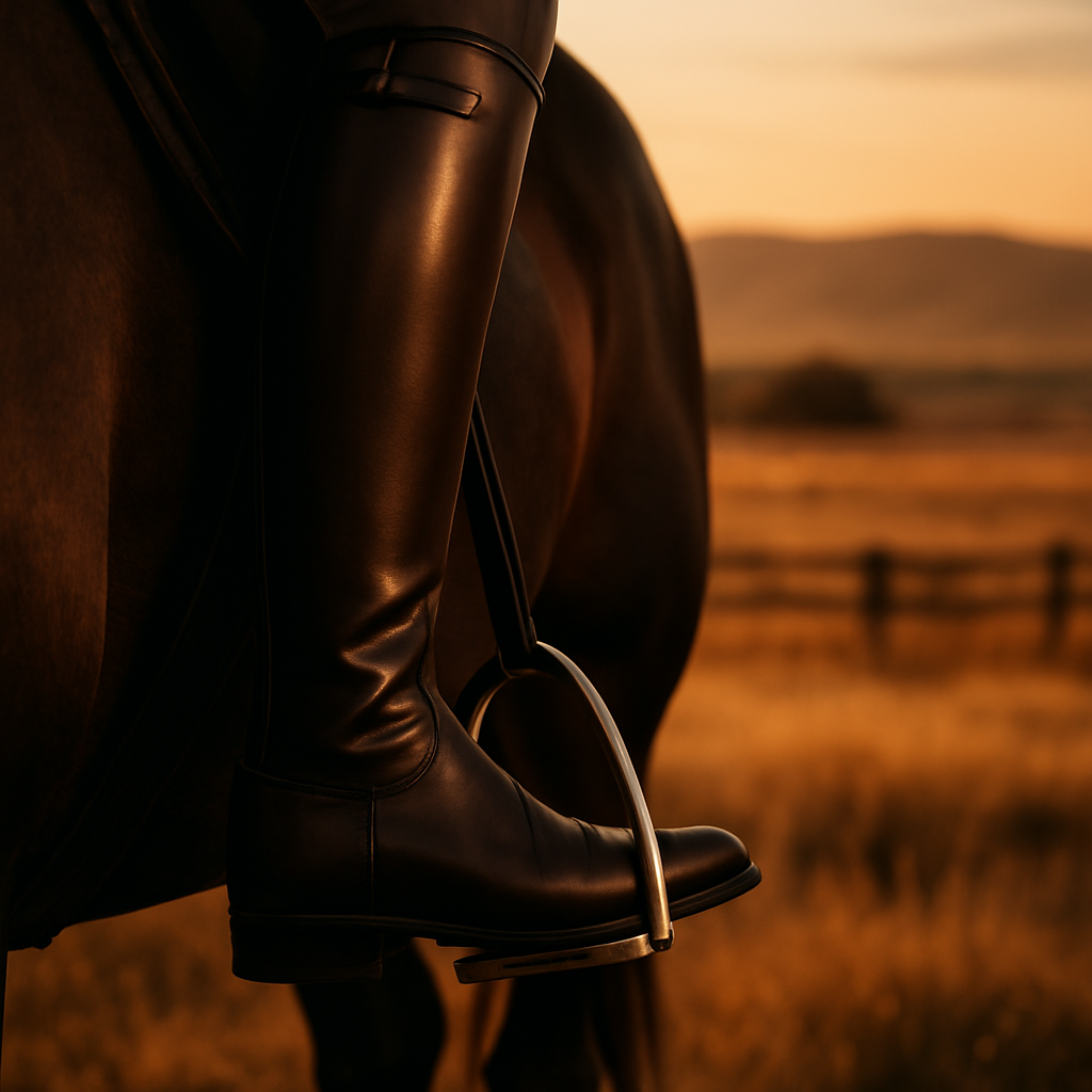 Premium leather equestrian riding boots in polished stirrups at golden hour, with an open Western ranch landscape beyond