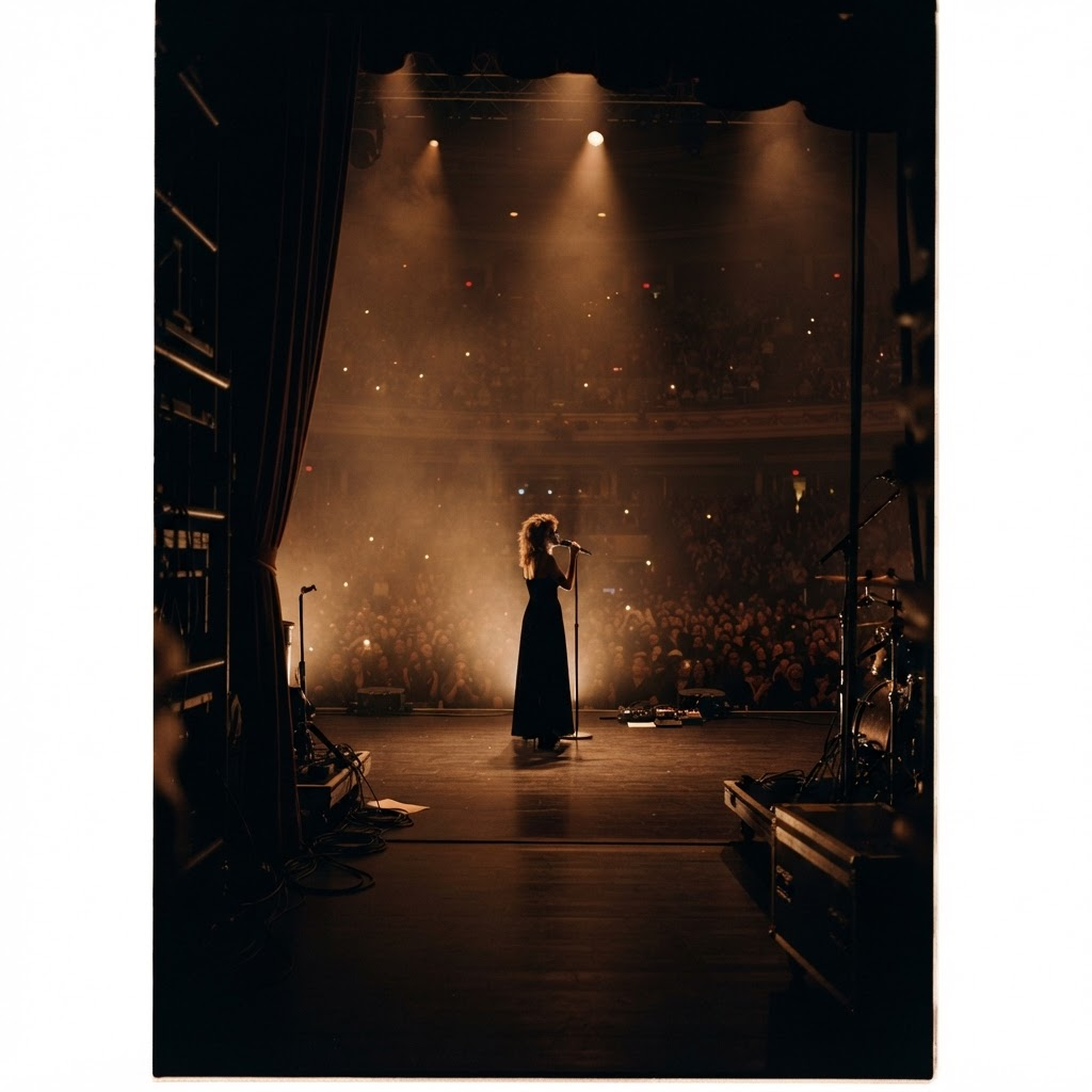 A lone performer's silhouette center-stage under warm amber light, a darkened audience beyond.