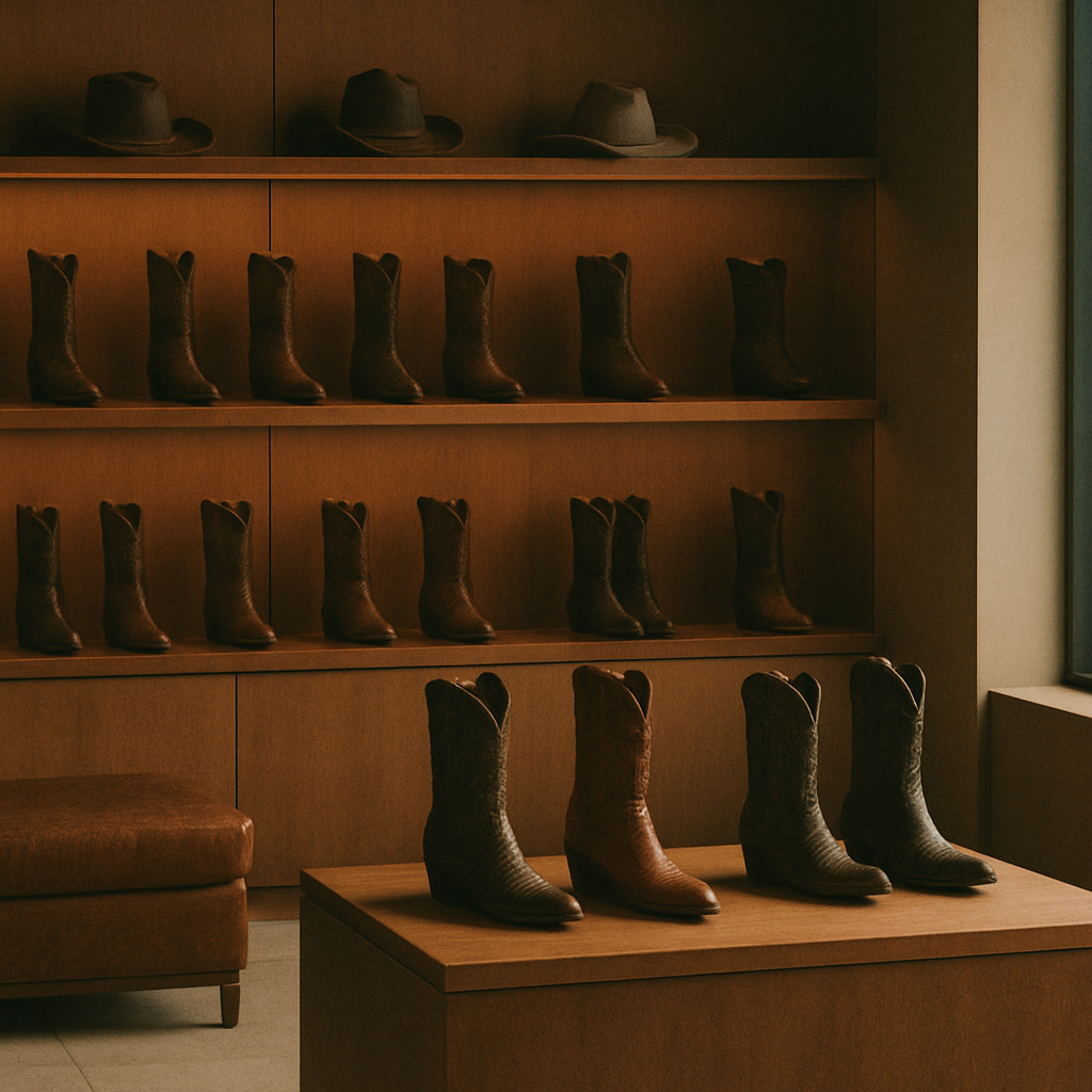 An elevated modern luxury Western retail interior with premium boots and hats on minimalist shelving