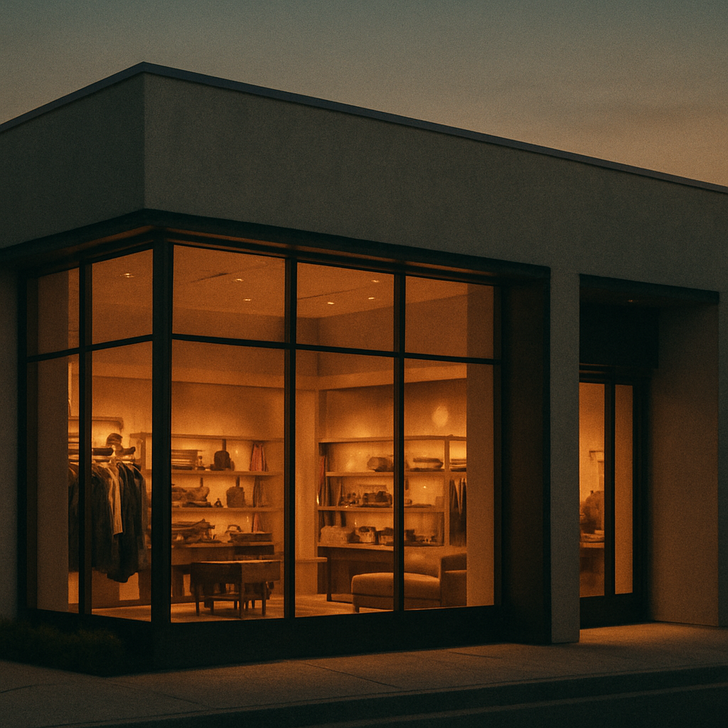 A modern upscale Western lifestyle store exterior glowing at dusk