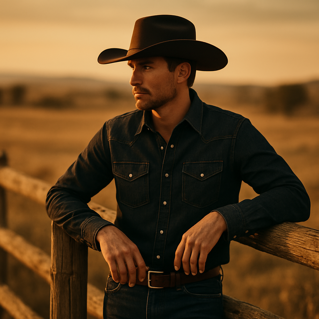 A modern rancher in premium denim and felt hat leaning on a weathered fence at golden hour