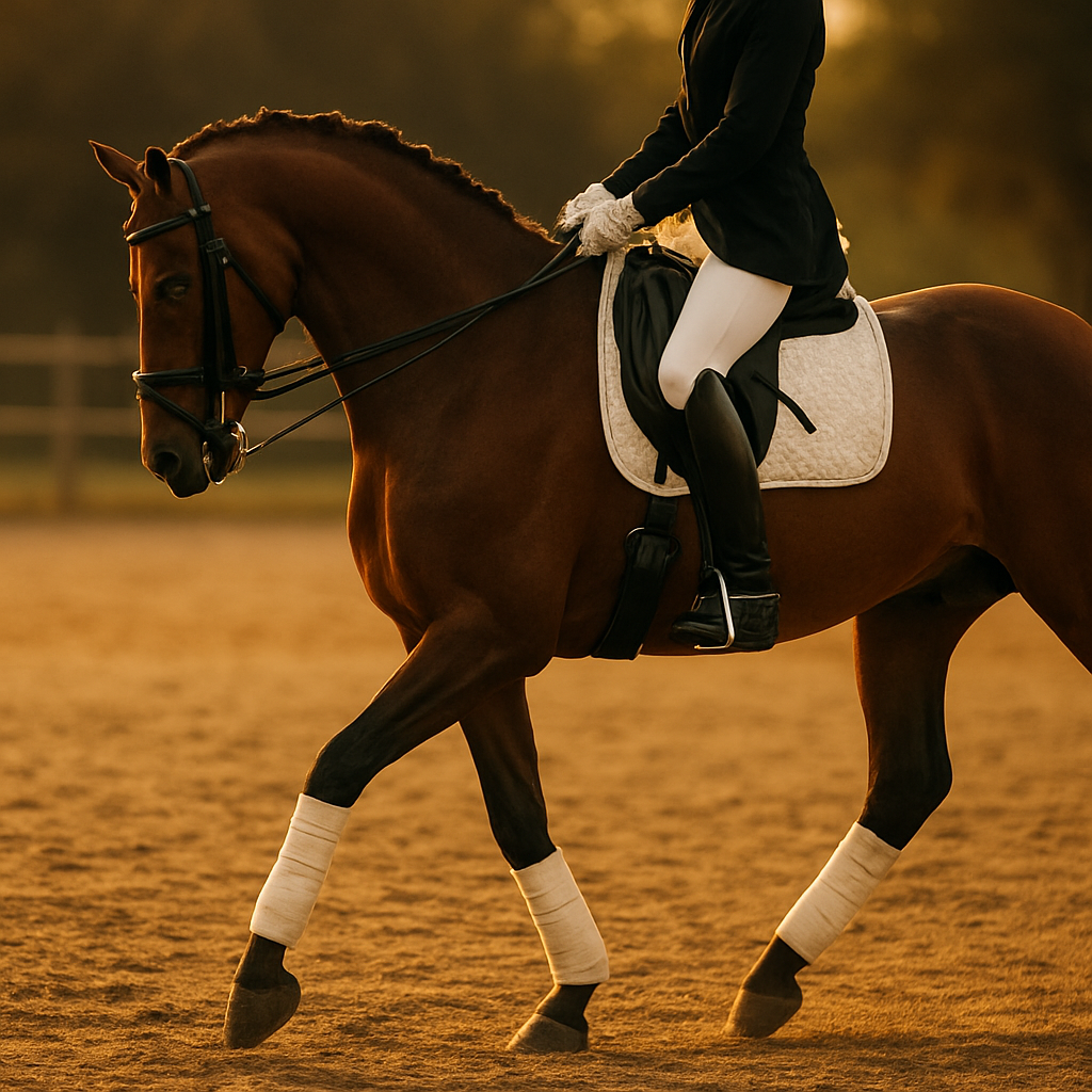 An elegant horse and rider in a sunlit equestrian arena