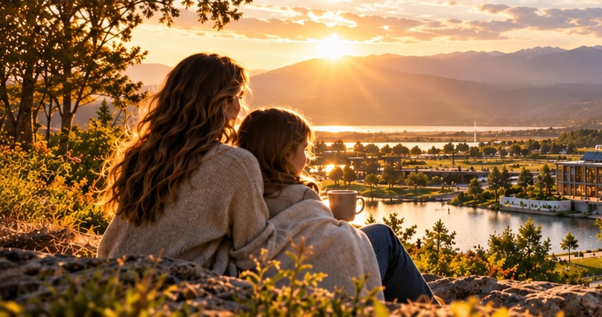 A mother and child wrapped in a blanket on a rocky hillside at sunset, looking over a walkable lakeside community with mountains beyond.