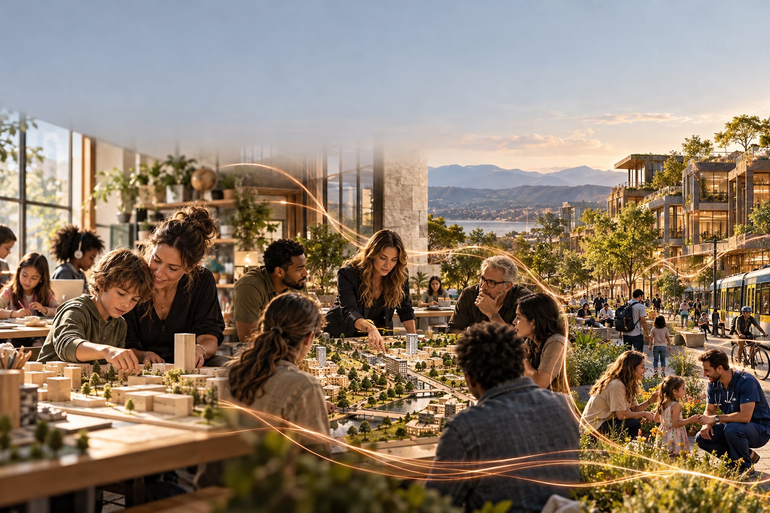 Families, children, and neighbors gather around a model of a planned town, while beyond them a walkable mountain-view community unfolds with gardens, cafes, cyclists, a light-rail line, and a clinician kneeling to talk with a child.
