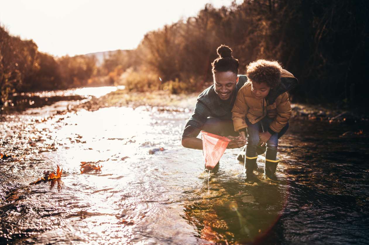 A father and his young son crouch in a shallow, sunlit creek in autumn, holding a small net and looking at what they found in the water.