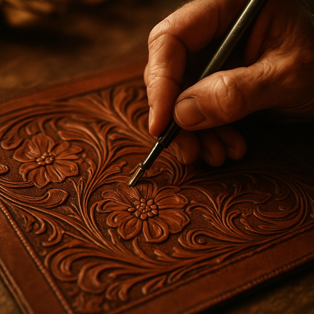 Artisan hands tooling intricate patterns into saddle leather