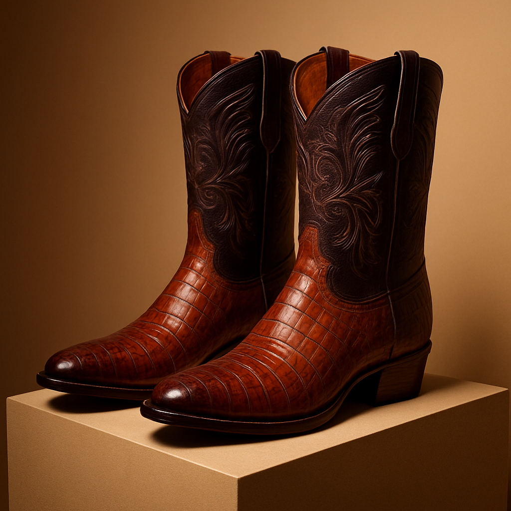 Handcrafted exotic-skin cowboy boots displayed on a pedestal