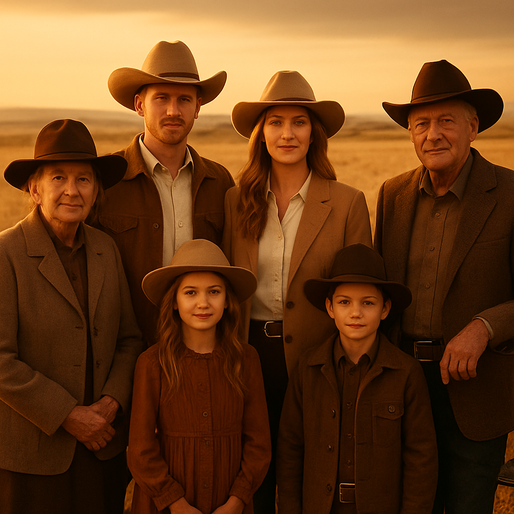 A multi-generational ranching family in a golden prairie field