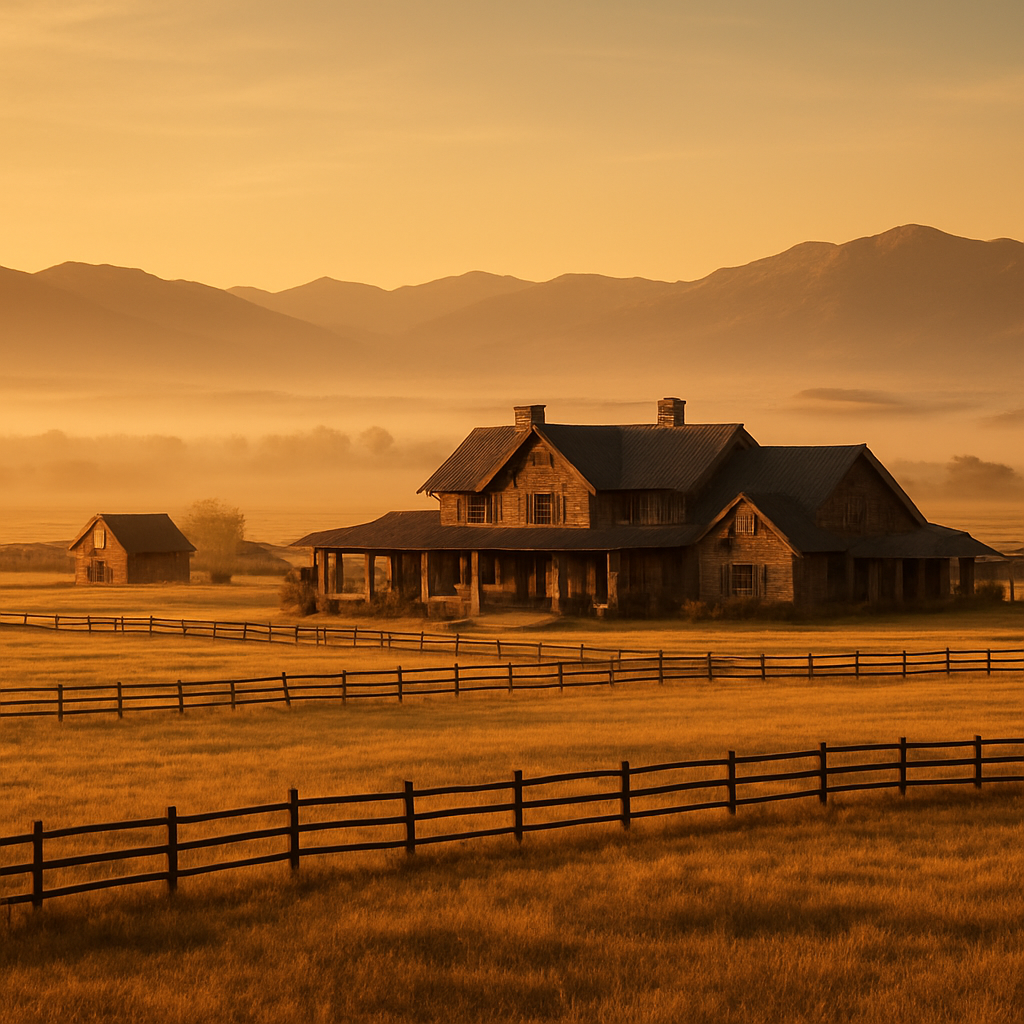 A sprawling luxury Western ranch estate at dawn