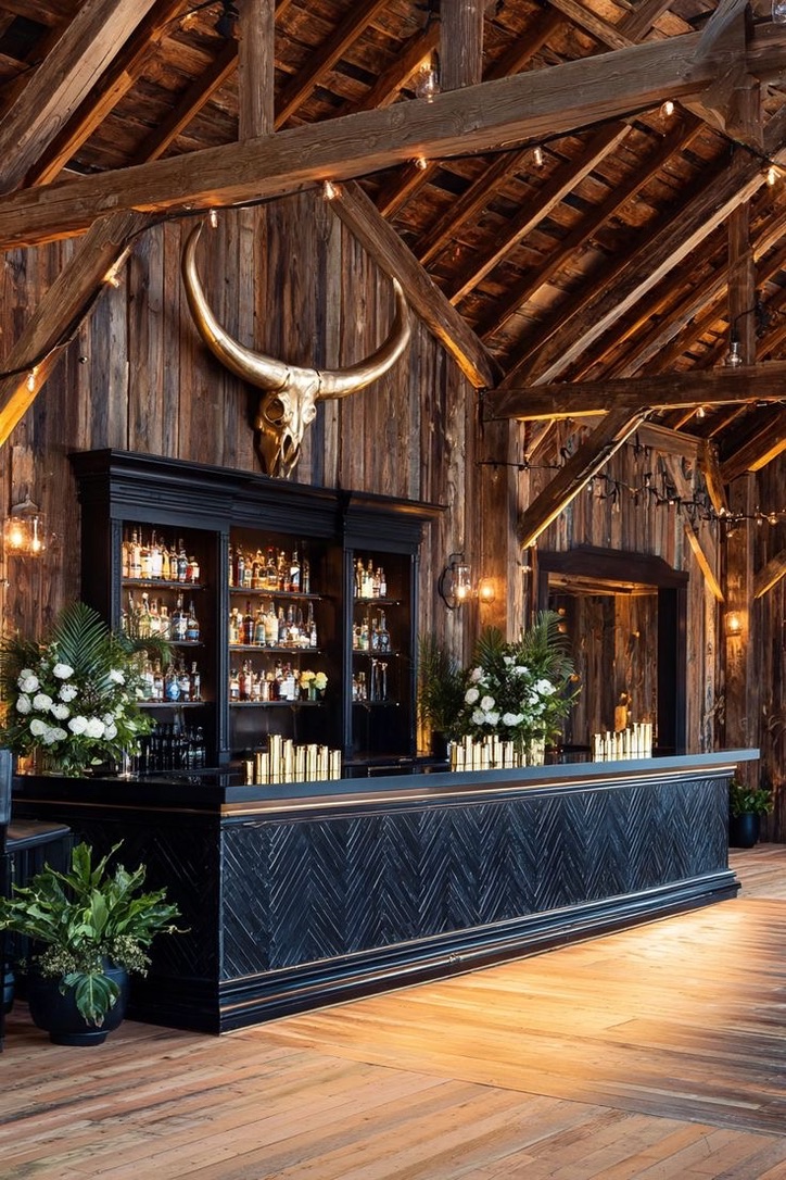 A luxe Western event bar inside a restored barn, a long black bar topped with fresh florals and gold candles beneath string lights and a mounted longhorn skull