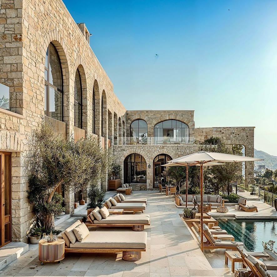 A Mediterranean stone villa terrace with a pool and olive trees at golden hour — a long-horizon residential commitment