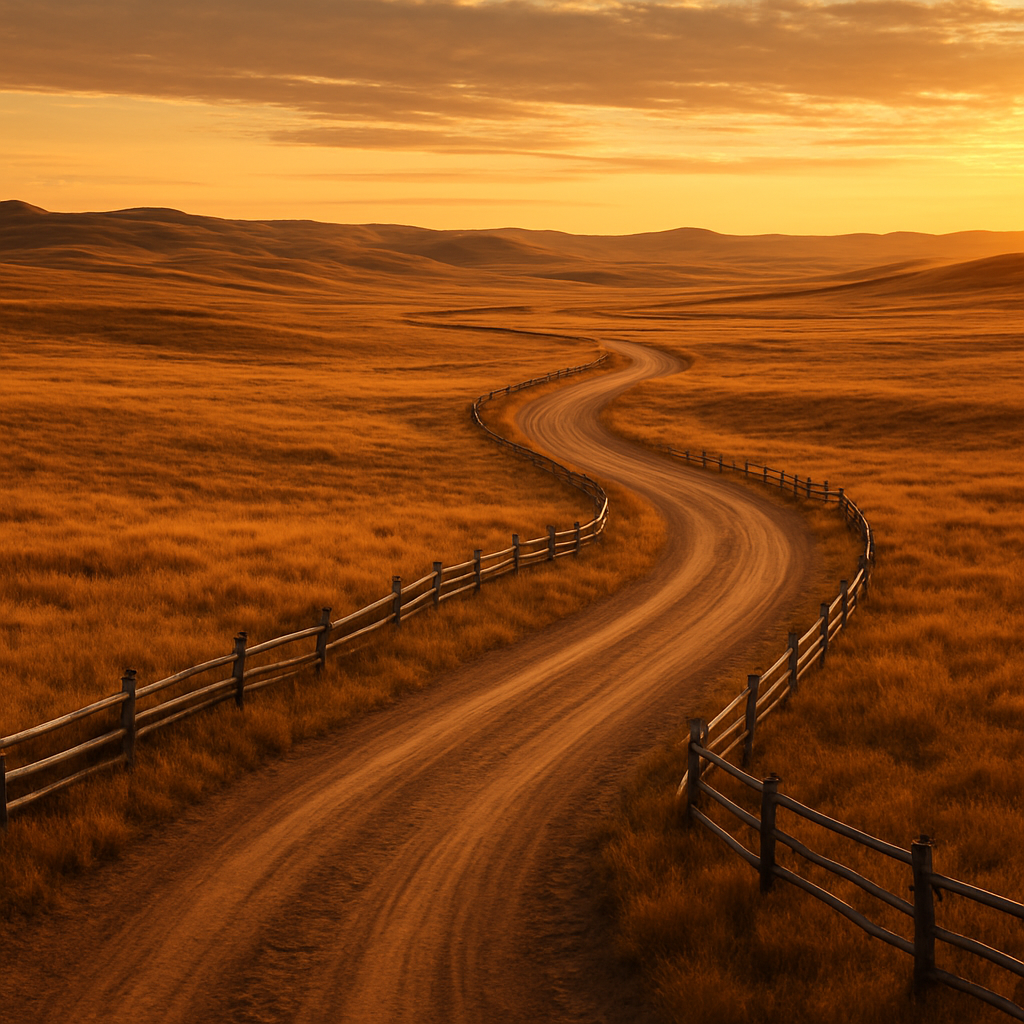 A winding dirt road through vast golden Western ranchland at sunset