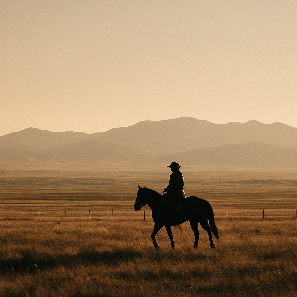 A lone rider on horseback crossing vast high-plains ranch land at golden dusk, with distant mountains and a warm cream sky