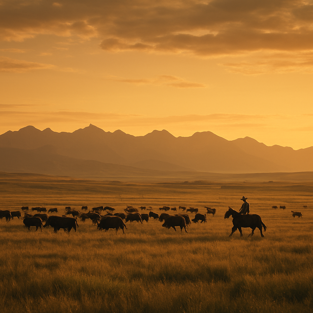A cinematic Montana cattle ranch at golden hour with a lone rider, herd, and mountain range