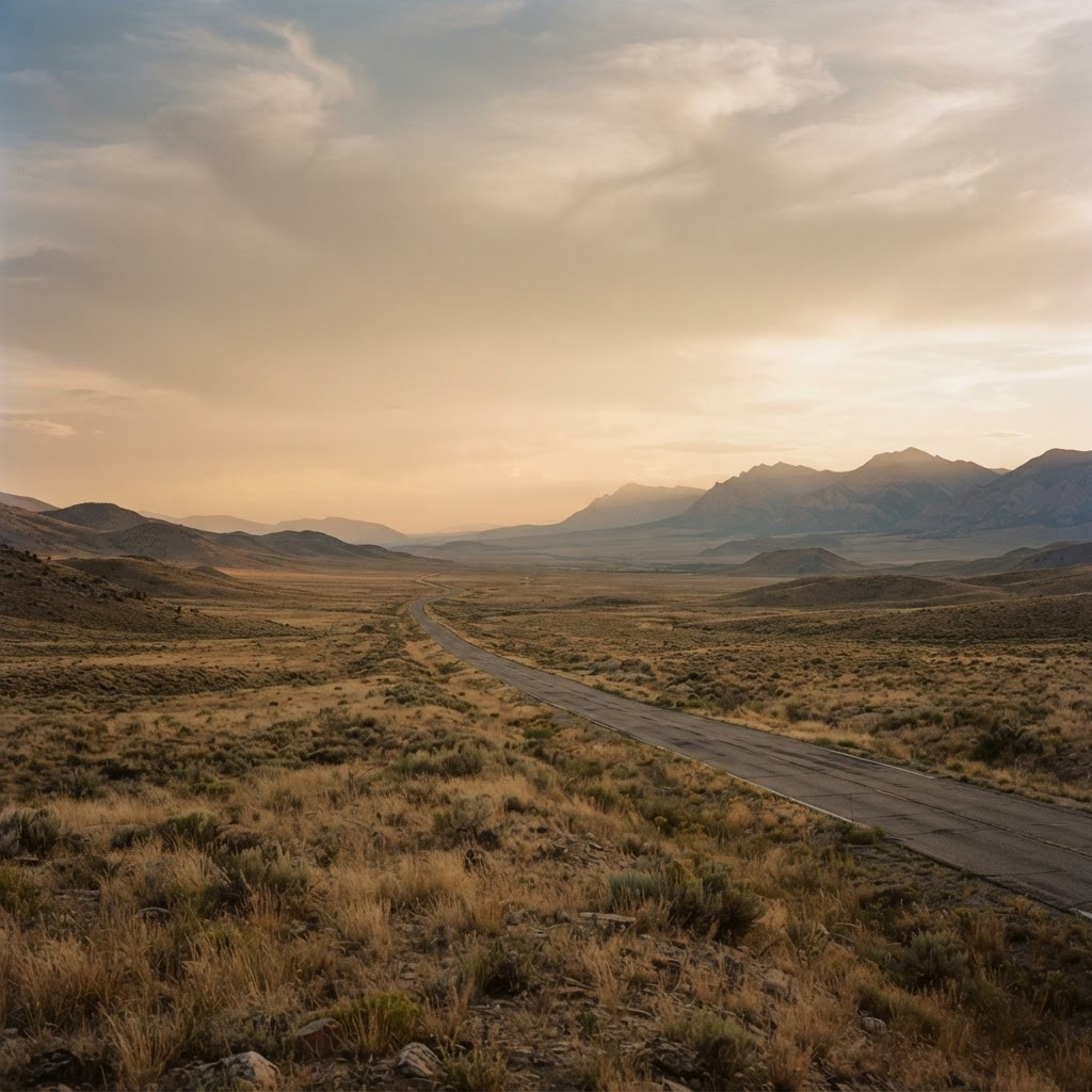 Expansive American West landscape at golden dusk, an open highway receding toward distant mountains